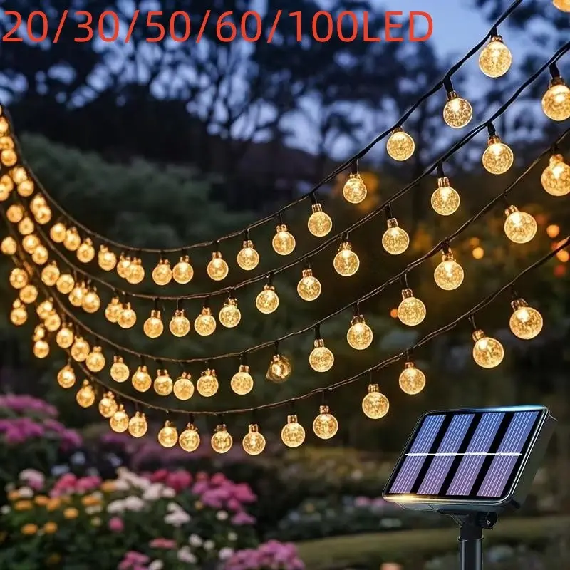 Solar Outdoor String Lights, 20/30/50/60/100 LED Crystal Ball Lamps, Waterproof Fairy Ring Lanterns for Garden, Patio & Christmas Decor
