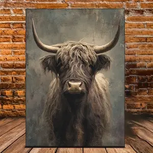 Highland Cow Wall Art Canvas Print, 30.48x40.64cm Scottish Longhorn Bull Poster with Wood Frame, Rustic Farmhouse Decor for Home Office Cabin