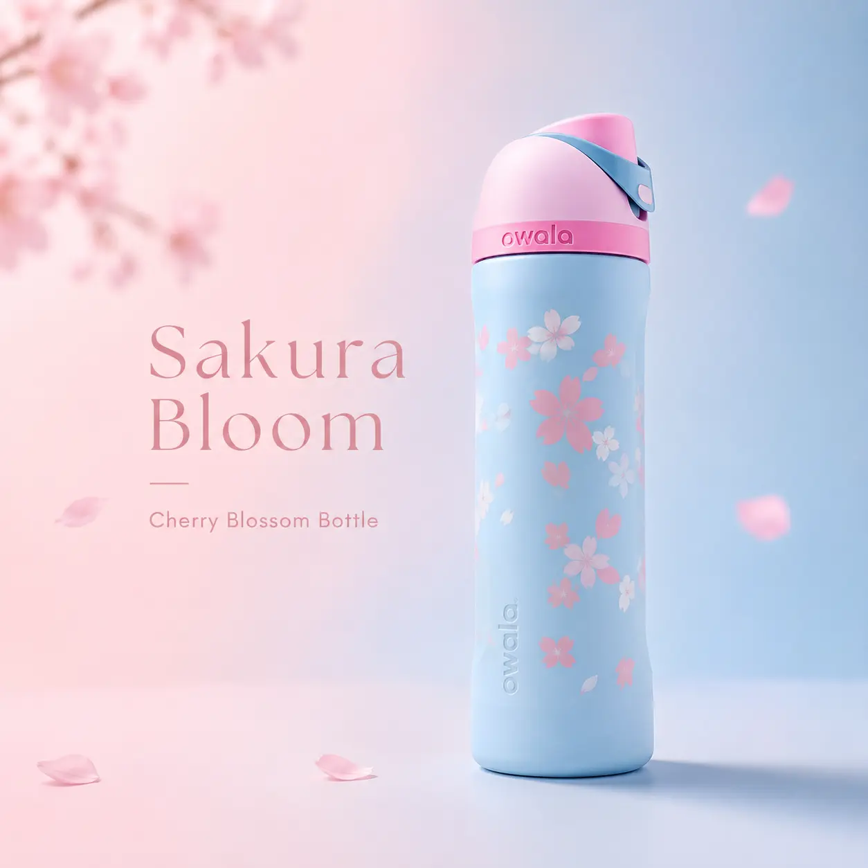 Owala x Starbucks Sakura FreeSip 24 oz Insulated Water Bottle with Built-In Straw – Pink Blue Cherry Blossom Design