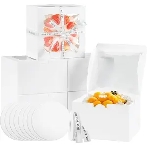48 count Cake Boxes 8x8x5in with Window,White 8 inch Cake Boxes with Boards for Pastries,Cupcakes,Cookies, Pie, Muffins and Donuts(24 Boxes &24 Boards & Stickers & ribbon) (8 * 8 * 5inch/24sets)