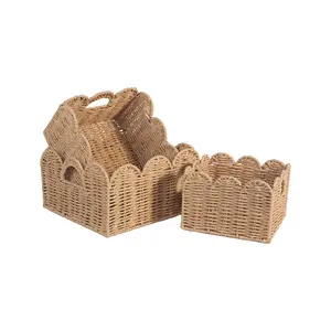 3-Piece Decorative Woven Storage Baskets, Scallop Edge Paper Rope Organizer, Handmade for Closet, Bathroom, Desk, DIY Craft Supplies