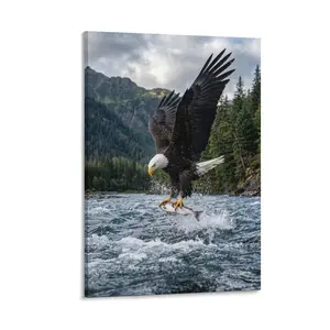 2D Flat, 1pc Frameless Canvas Art: Realistic Bald Eagle Catching Fish, Natural River Scene, Vibrant Wildlife Wall Decor, Modern Home Decor for Living Room, Bedroom, Office, Cabin