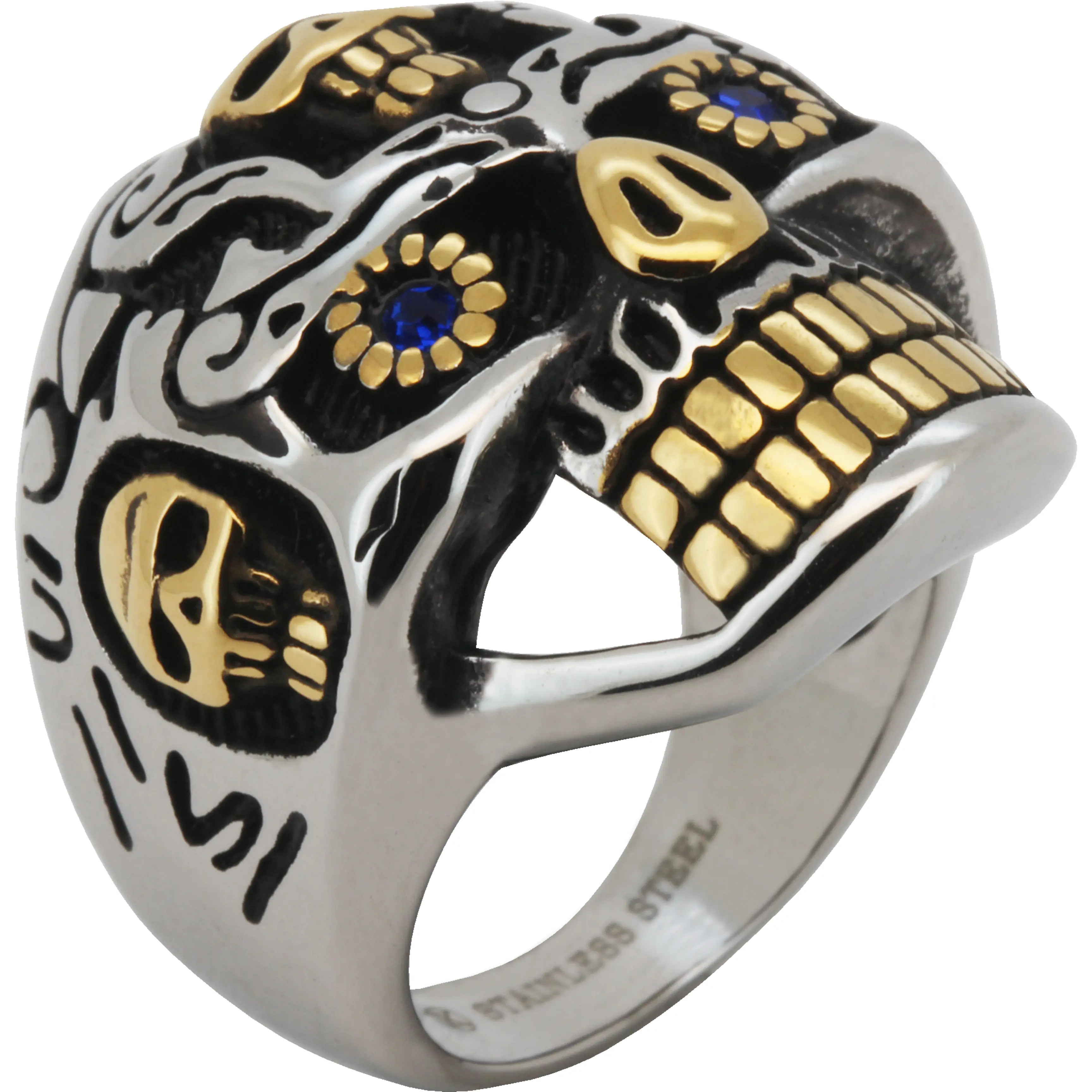316L Stainless Steel 18k Yellow Gold Plated AAA Cubic Zirconia Two-Tone Sugar Skull Ring