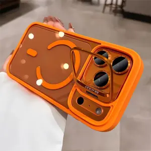 【 iPhone17 case 】Orange Frosted liquid metal lens holder magnetic for iphone17Pro Max 16 15 iPhone case silicone soft shell TPU+PC shockproof