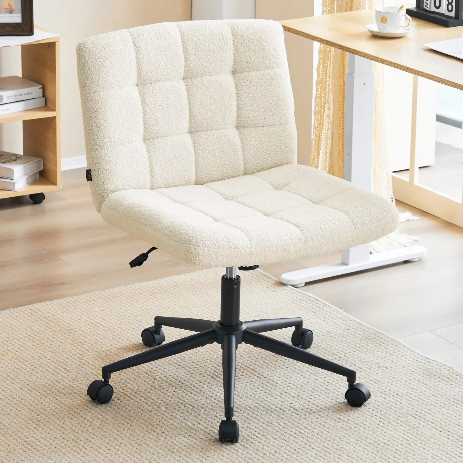 Furnimart Comfy Adjustable Swivel Desk Chair - Armless, Wide, Wheeled, Linen-Leather-Wool Material, for Home Office, Modern Bedroom Makeup Vanity Use, Adjustable Swivel Chair, Comfy Chair