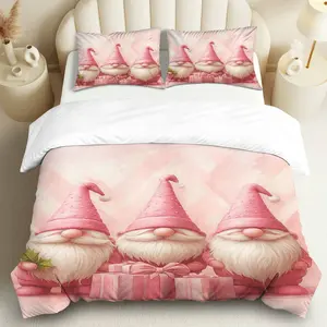 3PCS Duvet Cover Set, 1 Duvet+2 Pillowcases(Without filler), Gnome Pink Christmas Gift Cute theme, Christmas bedding set, Festive Holiday Bedroom Decor Suitable for decoration bedroom living room guest room cozy corner.