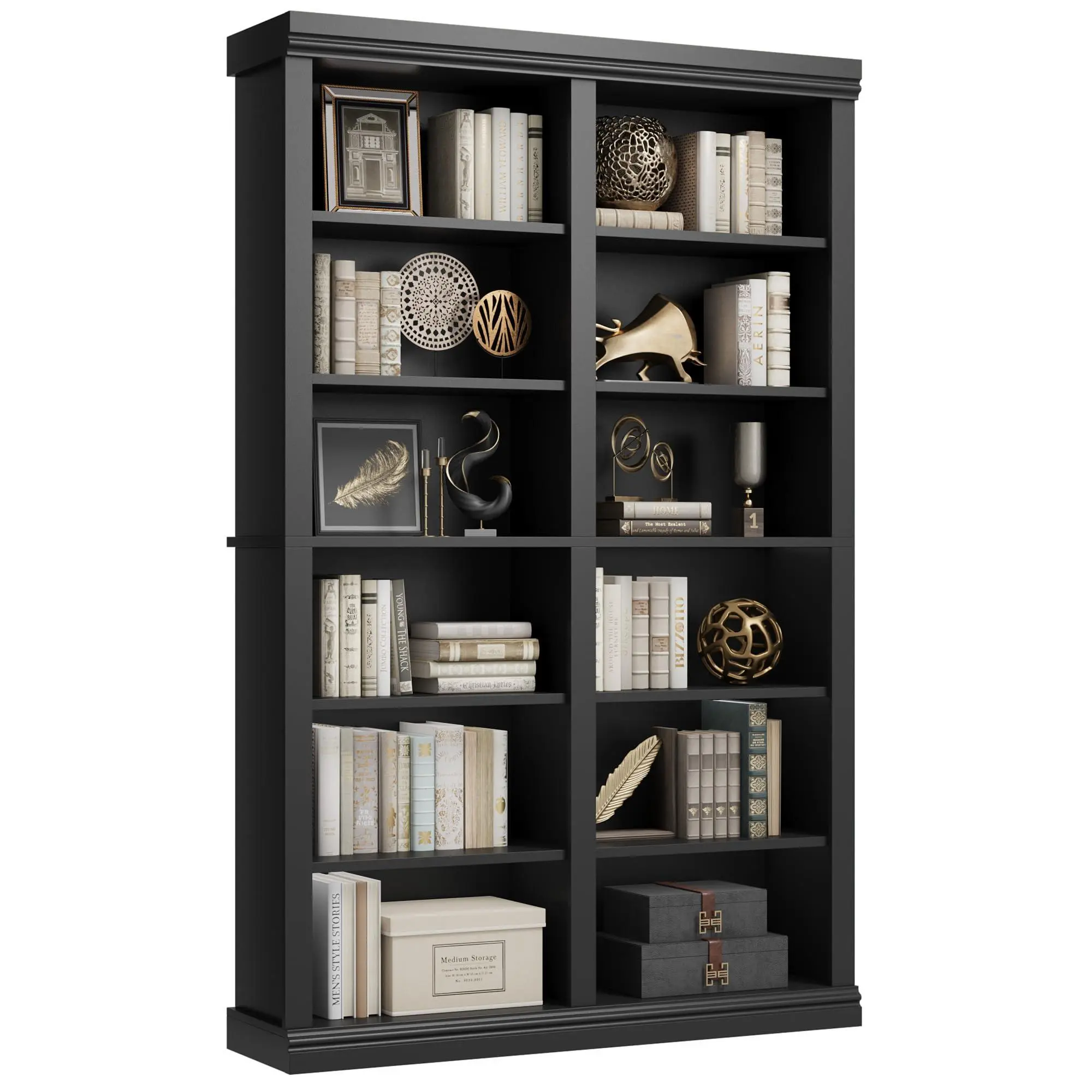 74.5" Tall Bookshelf with Double Storage, Extra Wide Bookshelf, 6-Tier Double Wide Book Shelf w/ 12 Cubbies, Big Bookcases for Livingroom Library (Black-Q, 46.1" D x 12.4" W x 74.5" H)