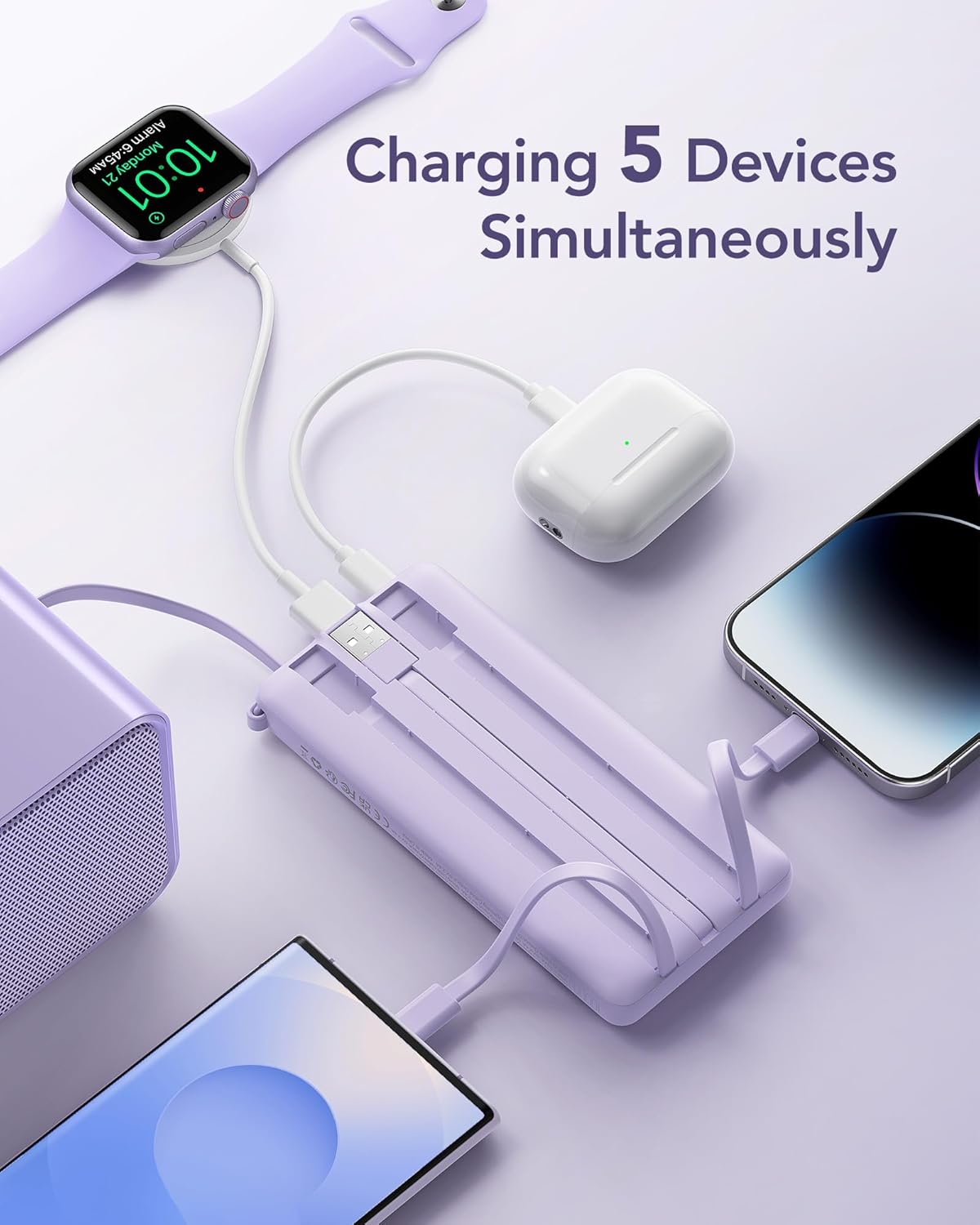 VRURC 10000mAh Portable Charger Power Bank with 4 Built-in Cables, LED Display, Lavender Accessory for iPhone, Samsung – Everyday Carry, Multiple Device Charging Essential, Accessories, Battery Power Bank, Rechargeable Tech
