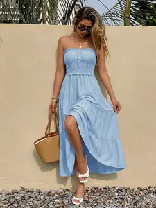 Strapless Smocked Maxi Dress for Women – Flowy Ruffle Tiered Summer Dress | Beach Vacation Outfit #summerdress #vacationoutfit #beachwear #fyp