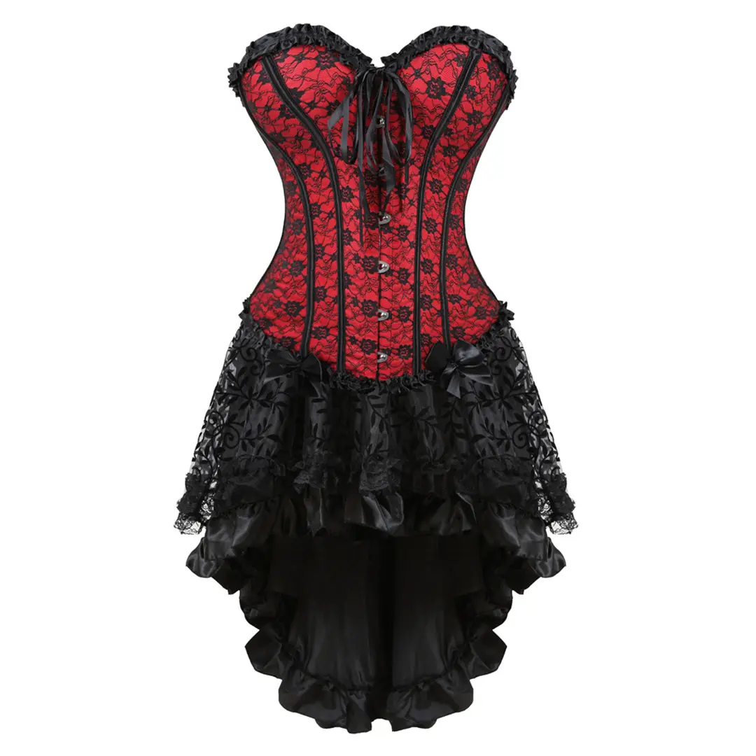 Women's Vintahe Lace Overbust Corset Dress Gothic High Low Skirt Corset Set Steampunk Burlesque Costume for Halloween Party