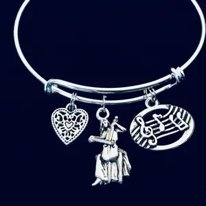 Cello Player Bracelet with Music Notes Charms, Adjustable Silver Bangle Gift for Cellist