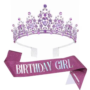 Rainbow foil shimmering birthday sash, light-colored crystal full diamond crown and pearl brooch set, sweet crown and sash, the perfect gift and accessory for a lady's birthday party.