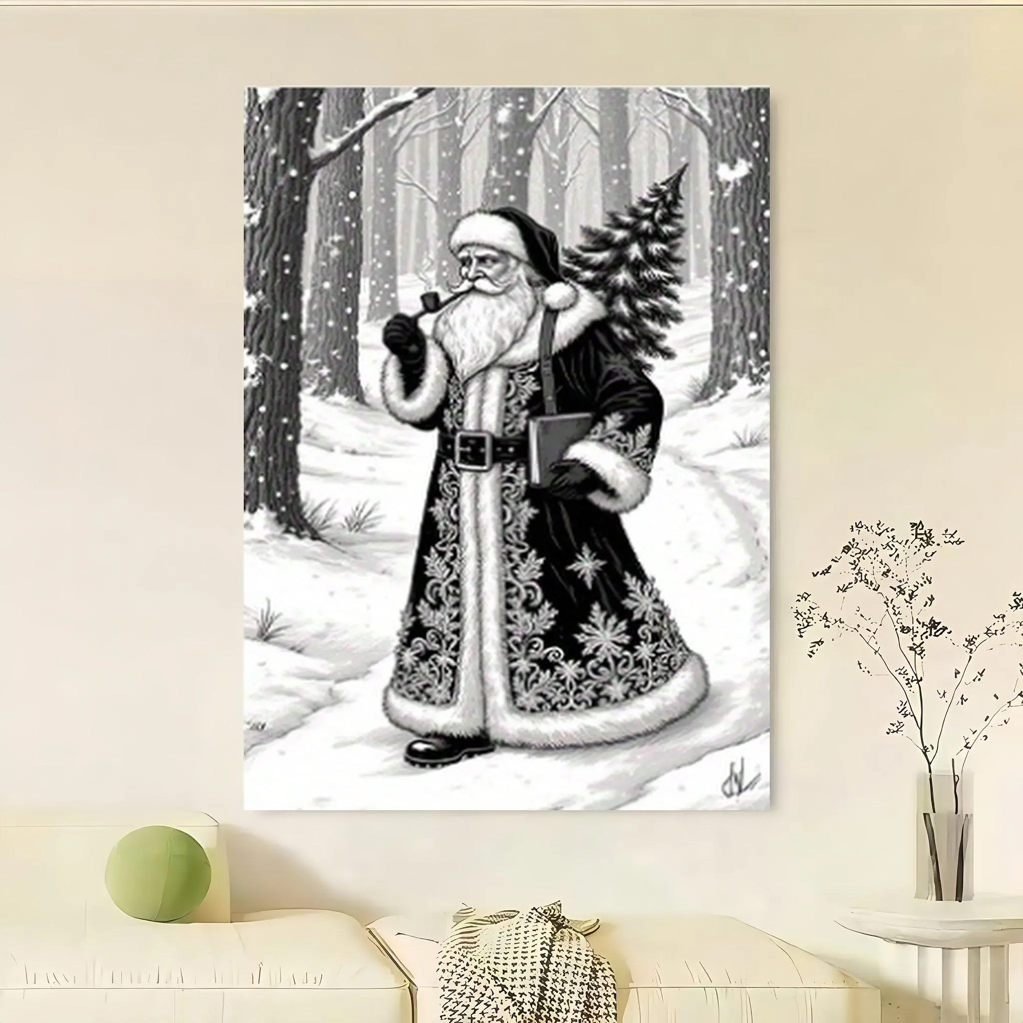 Framed 1pc Modern Minimalist Santa Winter Wonderland Framed Canvas Wall Art - Elegant White & Black Christmas Poster with Wrapped Wood Frame, High-Resolution Print for Home, Office,, Bathroom - Holiday Gift (Year-Round) Decoration