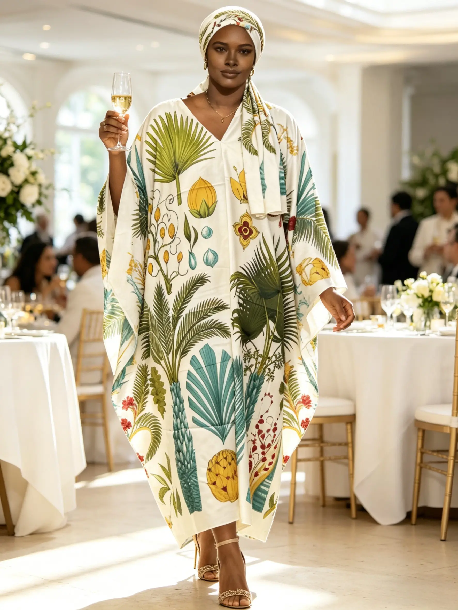 1 dress+1 headscarf plus large size milk white base color tropical plant print Kaftan dress with matching headscarf two-piece set women's loose Muslim robe vacation beach cover long nightgown Modest Outfit