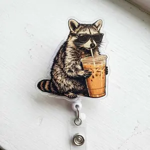 Funny Raccoon Badge Reel, Meme Trash Panda Drinking ID Holder, Cute Animal Retractable Badge Reel, Nurse Coworker Gift