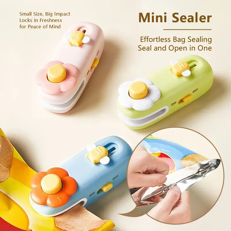 New Flower-Decorated 2-in-1 Sealer and Cutter Portable and compact heat-sealing device ideal for snacks Adorable resealable plastic bag sealer