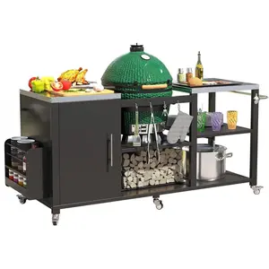 Outdoor Grill Table for Big Green Egg, 69.7" Stainless Steel Grill Cart with Cabinet & Shelves, Heavy Duty 920LBS Outdoor Kitchen Island, Compatible with Large Big Green Egg, Kamado Joe Classic