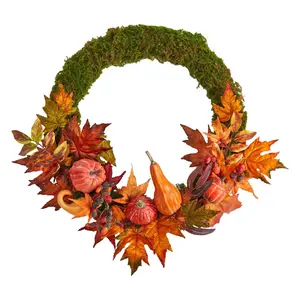 Nearly Natural 20" Autumn Pumpkin, Gourd and Fall Leaf  Wreath