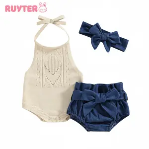 Baby Girl Summer Outfit Solid Color Tie-Up Halter Neck Knit Sweater Romper Denim Shorts with Belt Headband 3Pcs Clothes Set 0-24 Months