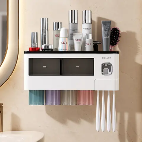 Multifunctional Wall-Mount Toothbrush Holder Organizer - No Drilling, Removable Bathroom Accessory with Sticky Hook, 2-Cup Design, Toothpaste Dispenser, Large Capacity Tray, Cosmetic Drawer, Space-Saving Toothbrush Storage, Organizer Storage