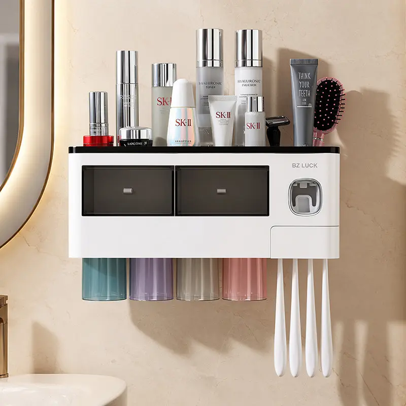 Multifunctional Wall-Mount Toothbrush Holder Organizer - No Drilling, Removable Bathroom Accessory with Sticky Hook, 2-Cup Design, Toothpaste Dispenser, Large Capacity Tray, Cosmetic Drawer, Space-Saving Toothbrush Storage, Organizer Storage