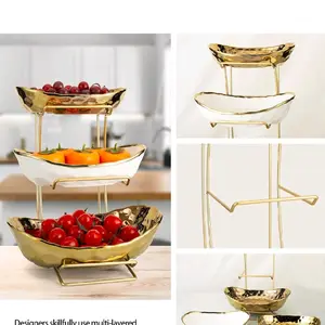 Fruit Bowl for Kitchen Counter - Multi-Layered Design with Gold Accents and Elegant Ceramic Bowls for Stylish Fruit Display