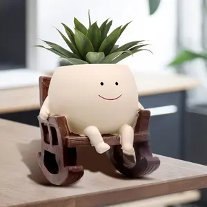 Smiley Face Rocking Planter - Cute Resin Flower Pot with Drainage, Unique Chair Design for Succulents, Fun Gift for Mom/Teachers (Indoor/Outdoor Use)