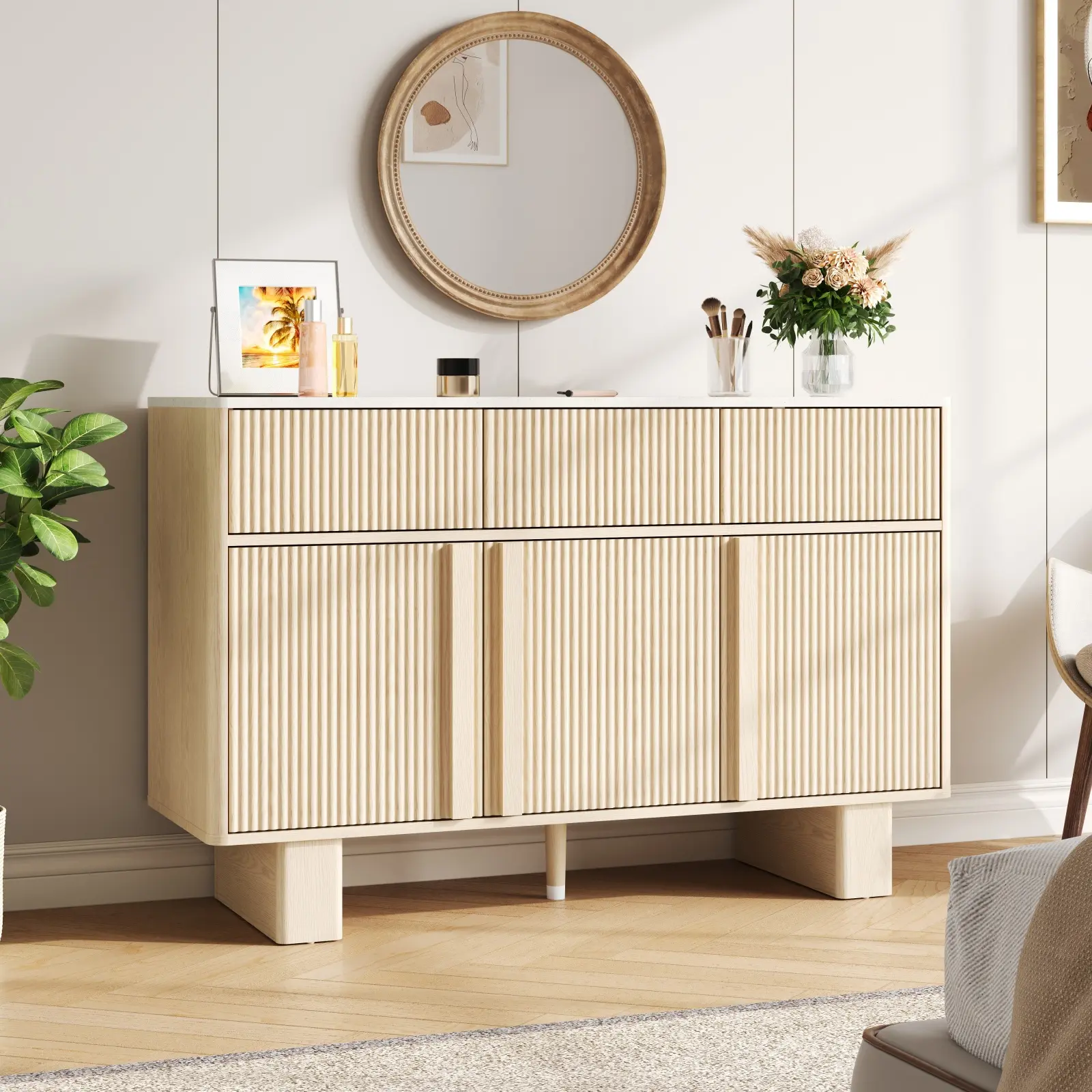 Mid Century Modern Arc-Shaped Wood Sideboard - 3-Door Sturdy Indoor Cupboard, White & Light Oak, Adjustable Shelves, 47"d x 16"w x 31"h