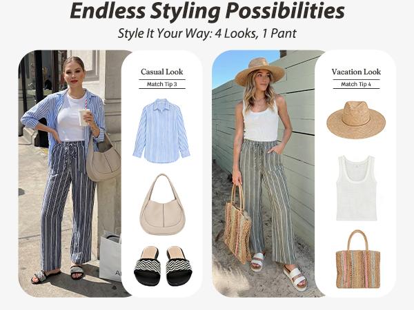 GRAPENT Women's Linen-Cotton Blend Wide Leg Striped High-Waisted Pull-On Elastic Drawcord Pants, Casual Wear for Summer Beach Vacation