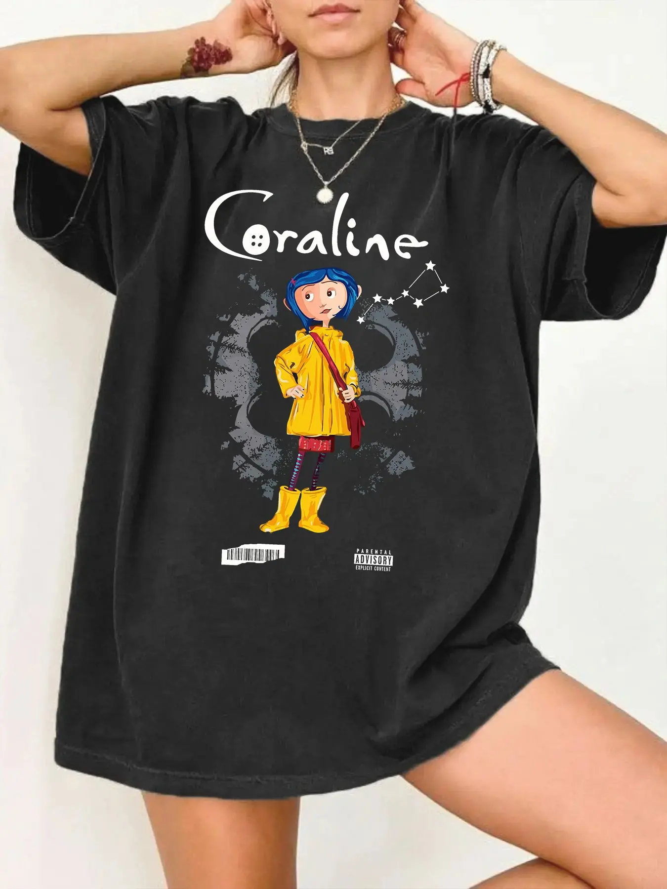 Women's "Coraline" Cartoon Graphic Oversized Vintage Casual Fit T-Shirt Summer - Retro Animated Movie Fan Tee Womenswear