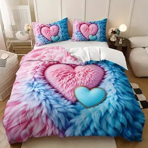Valentine's Day Theme 3pcs Plush Blue Heart Soft Bedding Set, 100% Polyester Fabric, Includes One Duvet Cover and Two Pillowcases