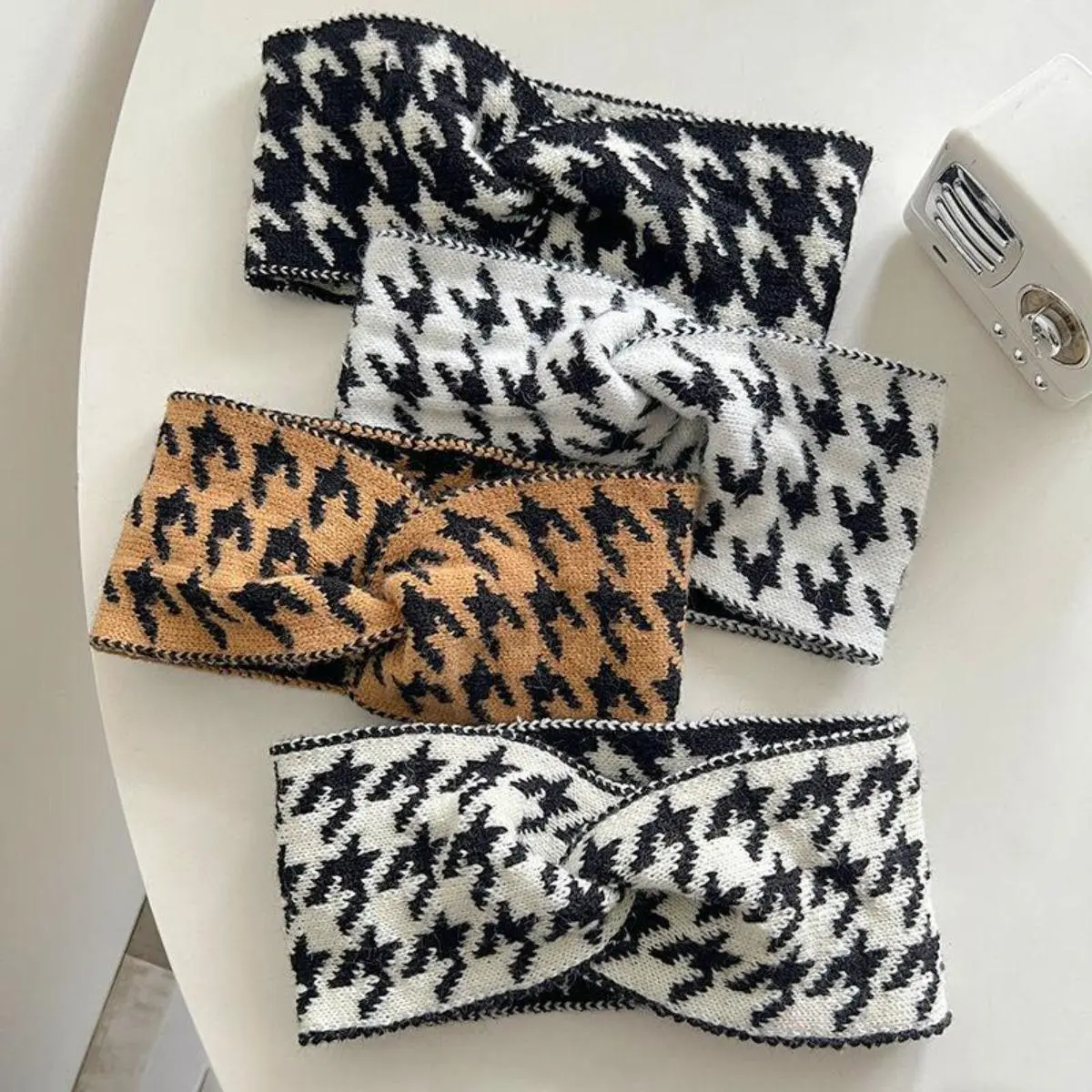 Women's Knit Headbands, 4-Pack Vintage Houndstooth & Solid Twist Ear Warmers, Thick Soft Wide Band for Winter