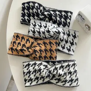 Female 4pcs Vintage Winter Knitted Headbands - Houndstooth Twist Ear Warmers for Women, Thick Soft Stretchy Wide Bands, Warm Hair Accessories for Outdoor Sports, Travel
