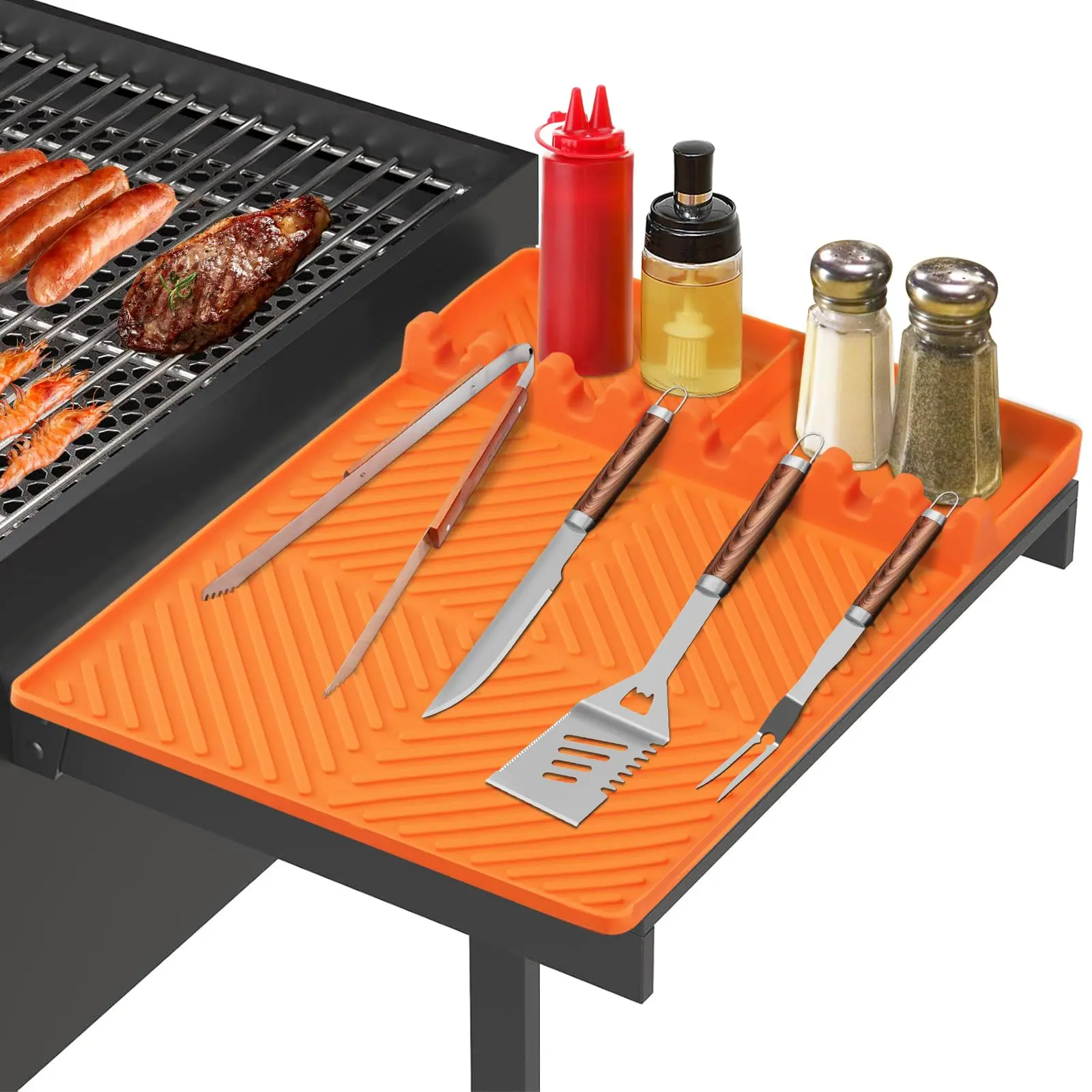 Silicone Grill Mat With Drip Pad  Blackstone Griddle Accessories For Outdoor Kitchen Counter Heat-resistant Bbq Side Shelf (orange)