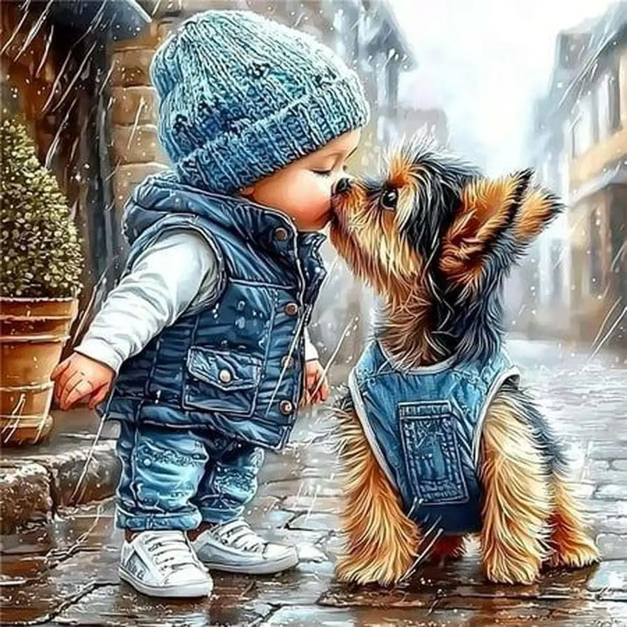 5D DIY Full Drill Round Diamond Painting - Diamond Art Kit Rainy Street Scene, Cute Dog, Winter-Clad Child Mosaic, Canvas - DIY Decorative Painting, Home Wall Art, Suitable for Halloween and Christmas, Birthday and Anniversary Gifts.