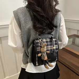 Plaid Mini Travel Backpack - Convertible Shoulder Bag with Bunny Charm, Lightweight Satchel Purse ﻿