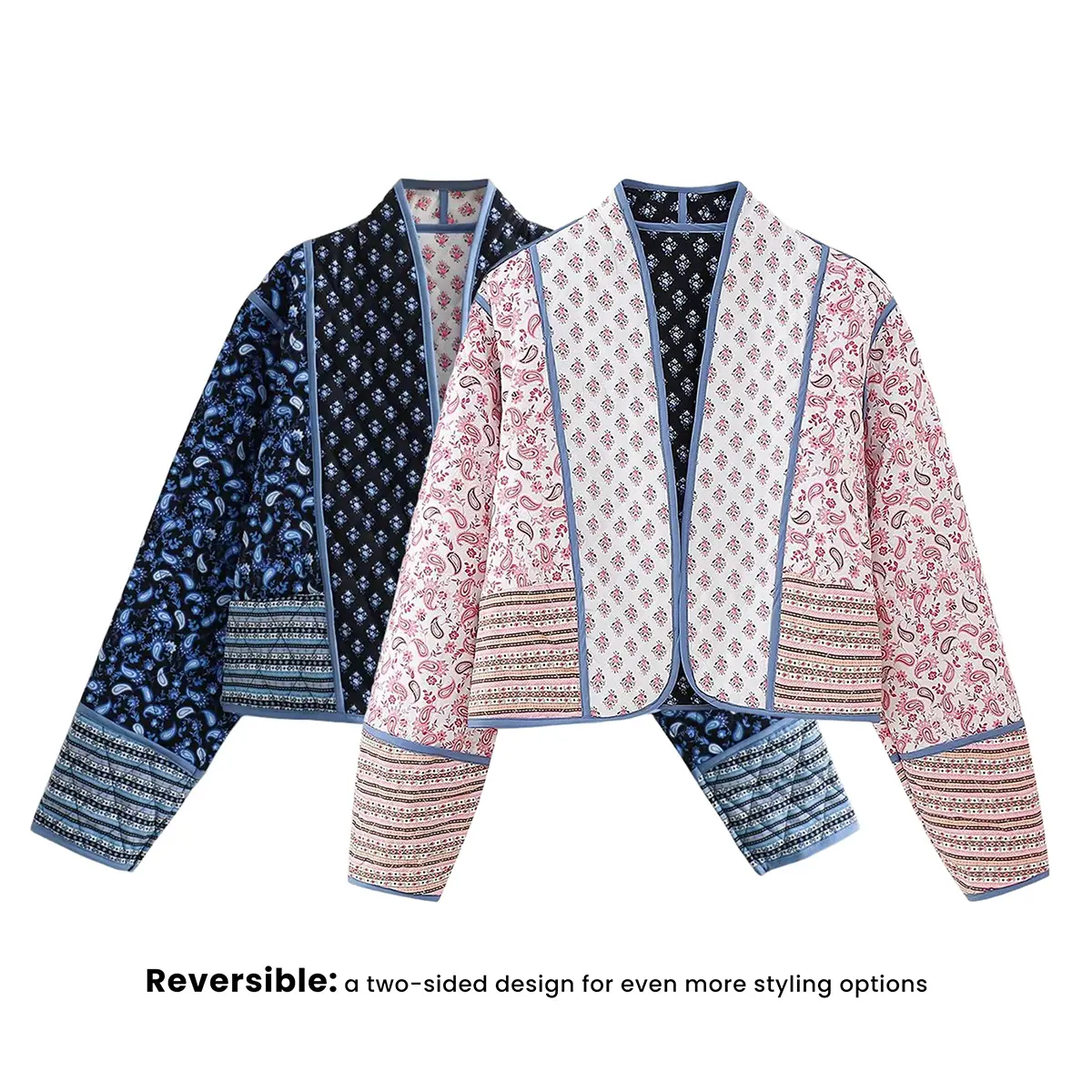 Women's Cropped Floral Quilted Jacket Cardigan Printed Lightweight Open Front Padded Puffer Coat