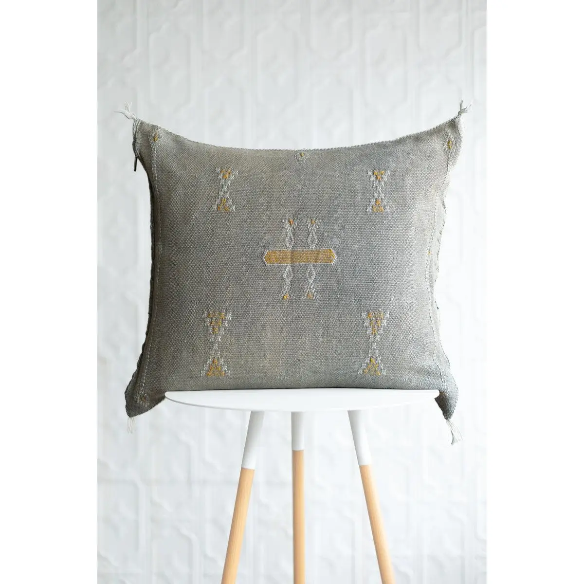 Warm Gray with Yellow + White Moroccan Sabra Cactus Silk Pillow - 91