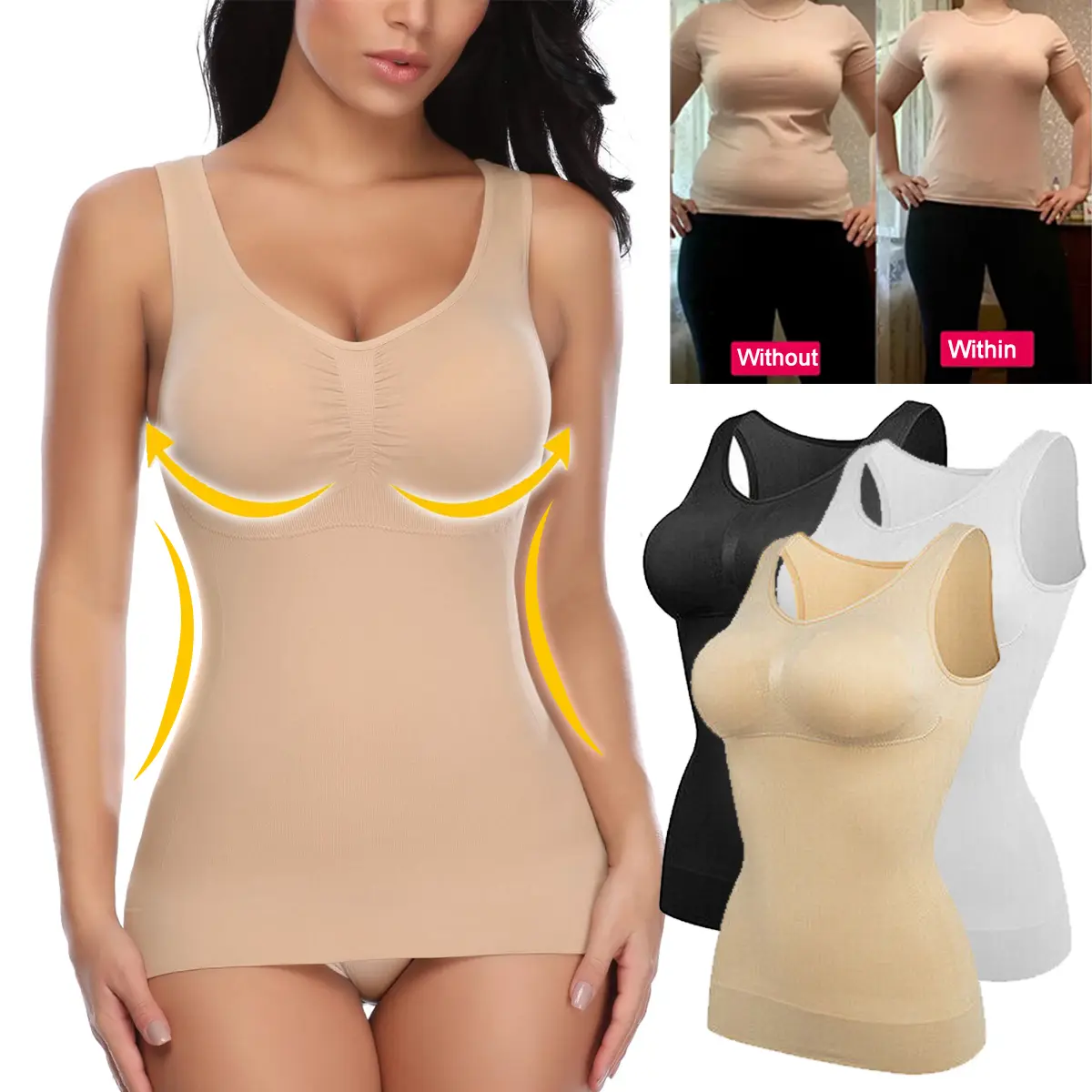 Women's Ribbed Crew Neck Camisole with Built-in Bra - Waistband Tummy Control Body Contouring Shapewear Tank Top, Sleeveless Wide-Strap Basics Undershirt for Everyday Fit