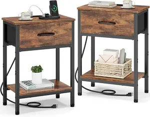 Nightstand Set of 2 with  Station, Bed Side Table with Fabric Drawer, Small End Table with 2-Tier Storage Shelves, 25.4" Tall Bedside Table, Night Stand for Bedroom Dorm, Rustic Brown