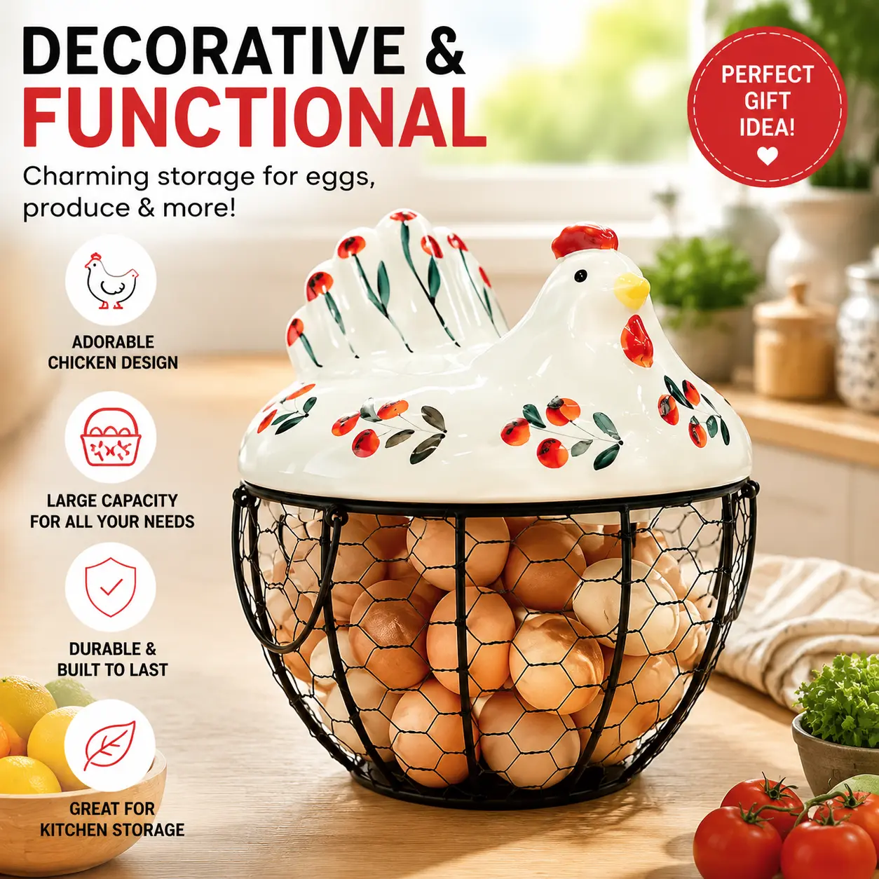 Rustic Egg Basket with Lid for Kitchen Countertop Farmhouse Wire Egg Holder & Storage Organizer Vintage Decor Basket for Eggs, Fruits, Keys and Small Essentials