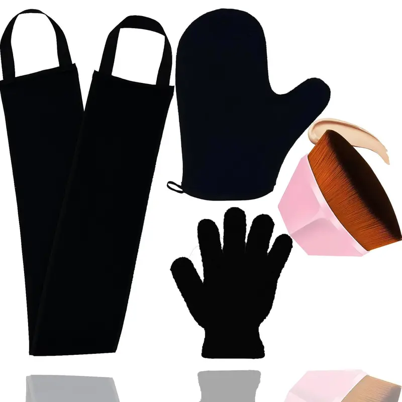 Unisex Gloves & Brush Self Tanning Applicator Kit (4PCS) - 60mm Solid Stitched, Waterproof, Washable, Easy to Wash & Reusable, Streak-Free, Includes Exfoliating Prep Glove, Mini Face Tool, Liner, Bath Tool, Makeup Tan Brush for Body & Face Use