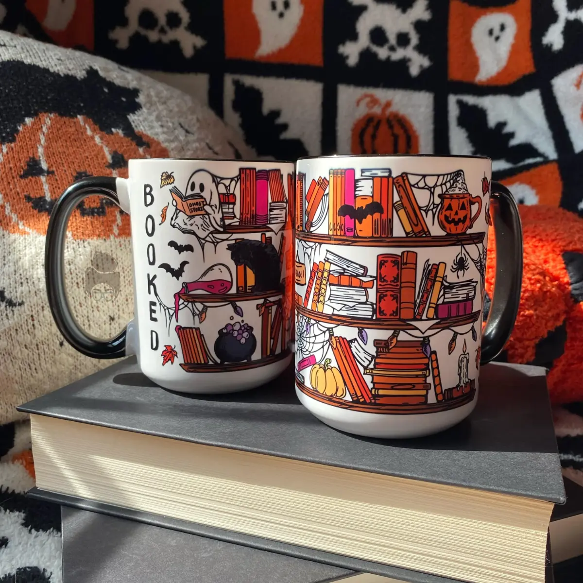Halloween Booked  Mug - Halloween Booked Bookshelf Ghost Black Cat Pumpkin Bat Spider Web Spooky Library Graphic , Book Lover Coffee Mug , Fall Reading Cup , Halloween Reader Gift , Bookworm Mug
