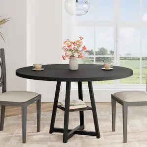 Garvee 47'' Round Dining Table for 4-6, Pedestal Base with Storage Shelf, Farmhouse Style, Wood Top with Metal Base, Available in Black Ash, Light Ivory Gray, and Vintage Brown, Industrial Design, 300 lbs Capacity