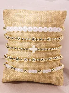 5Pcs/Set Bohemia Golden Beaded Bracelets For Women Faux Pearl Stackable Stretch Bead Ball Bracelet Cross Jewelry Set Gifts For Woman Teen Girls Valentine's Day Jewelry Gifts Faith Wear Jewelry Layered Bracelet Set