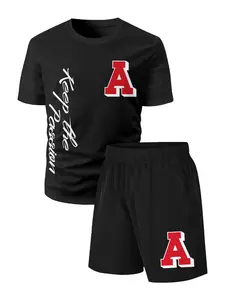 Teen Boys Summer Clothes Letter Graphics Short Sleeve Tops Elastic Waist Shorts with Pocket 2Pcs Casual Outings, Outdoor Sports, Parties, And Creative Gifts 42412056 Athletic