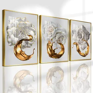 3 Count Aluminum Alloy Frame Canvas, Fashion Poster White Rose And Gold Splash, Wall Decoration, Modern Art, Suitable For Living Room, Bedroom, Kitchen, Home Office, Cafe, Bar, Dormitory, Corridor, Family Decor, Gift
