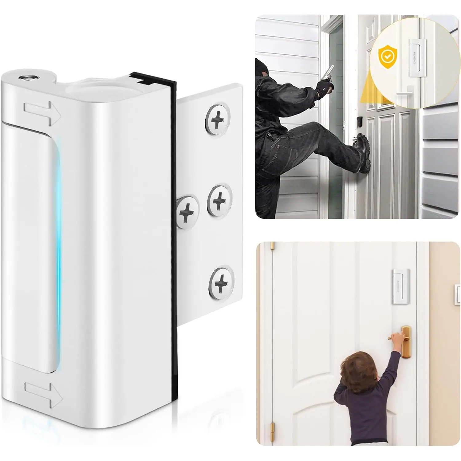 Door Lock, Upgraded Metal Door Reinforcement Lock, 3" Withstands 800 lbs of Impact for Inward Swing Doors, Defender  Door Lock,  Unauthorized Entry (White)