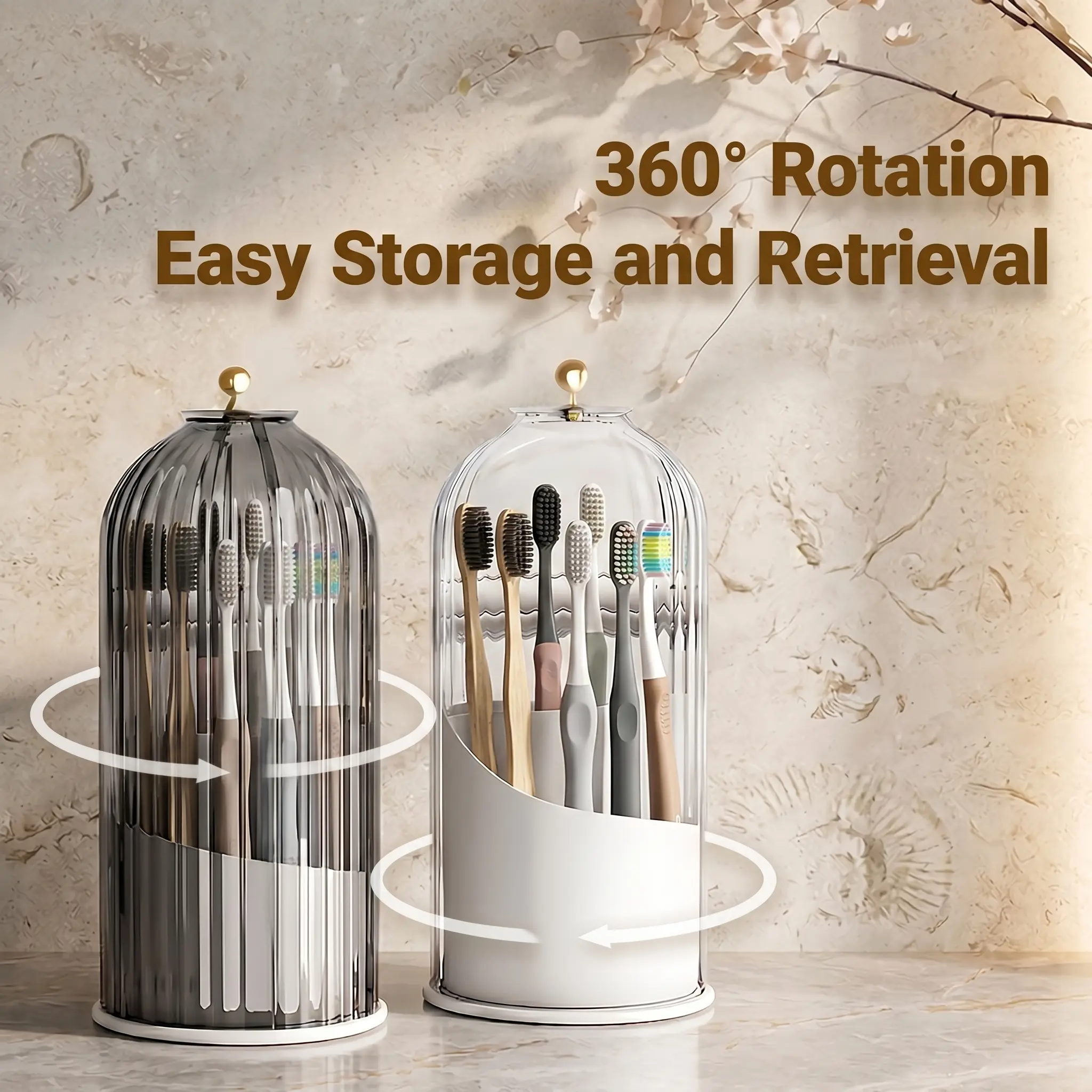 Dustproof Toothbrush Holders with Cover, Rotating Electric Toothbrush and Toothpaste Holder for Bathroom Countertop, 3 Slots Transparent Make up Brushes Organizer for Vanity Toothbrush Brushes Storage Bucket-YY1
