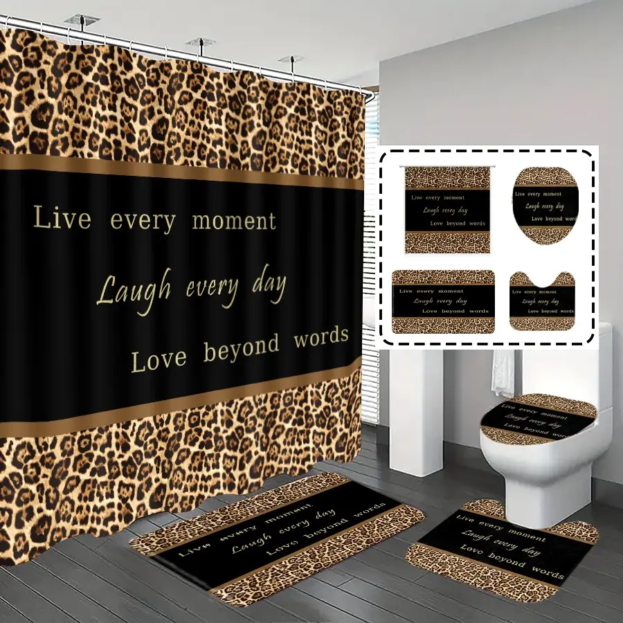 1pc/4pcs, Shower curtain sets, Printed shower curtain, Decorative Shower Curtain, bathroom rug, home decoration, Home Goods, bathroom mat, leopard print and letter pattern, with 12 hooks